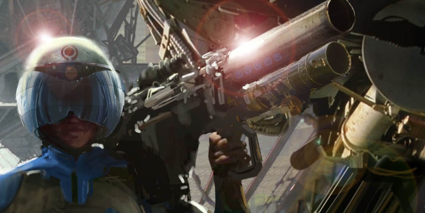 The Security Officer holding a SPNKr rocket launcher. Close-up image released as part of the Marathon Trilogy Box Set.