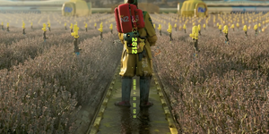 A colonist sprays crops on March 13th, 2812, presumably the year a novel contagion outbreak began.