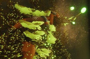 The corpse of Dr. Clarissa Song overgrown with novel contagion.