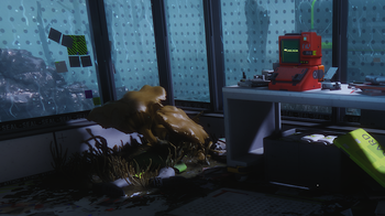 Novel contagion fungi next to a terminal during the game's tutorial.