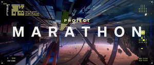 The Project Marathon title, and the ship under construction above Mars.